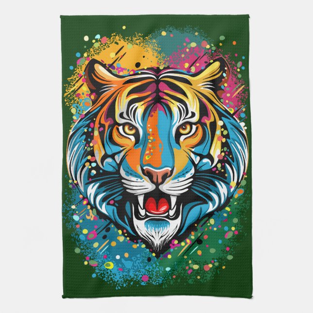 Tiger Head Rainbow colours paint stains Kitchen Towel (Vertical)