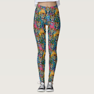 Tiger Head Rainbow colours paint stains Leggings