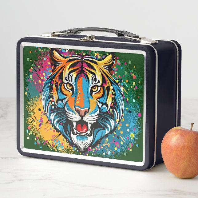 Tiger Head Rainbow colours paint stains Metal Lunch Box (In Situ)