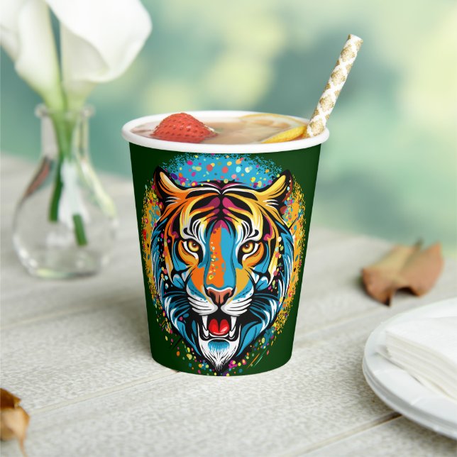 Tiger Head Rainbow colours paint stains Paper Cups (Insitu)