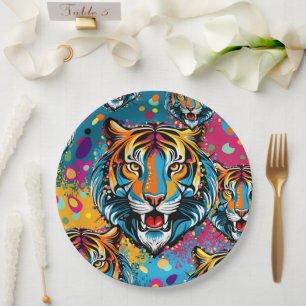Tiger Head Rainbow colours paint stains Paper Plate