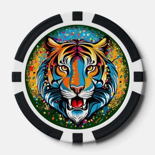 Tiger Head Rainbow colours paint stains Poker Chips (Front)