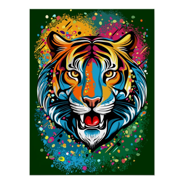 Tiger Head Rainbow colours paint stains Poster (Front)