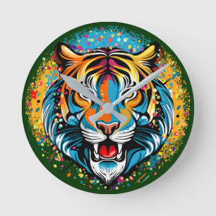 Tiger Head Rainbow colours paint stains Round Clock