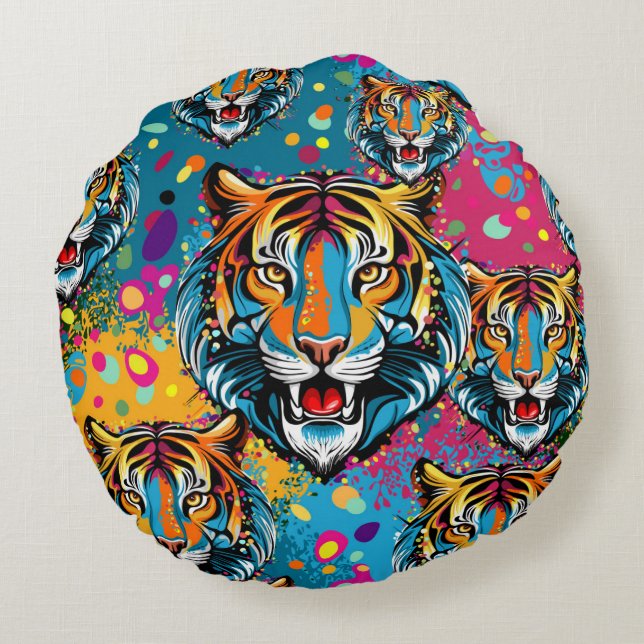 Tiger Head Rainbow colours paint stains Round Pillow (Back)