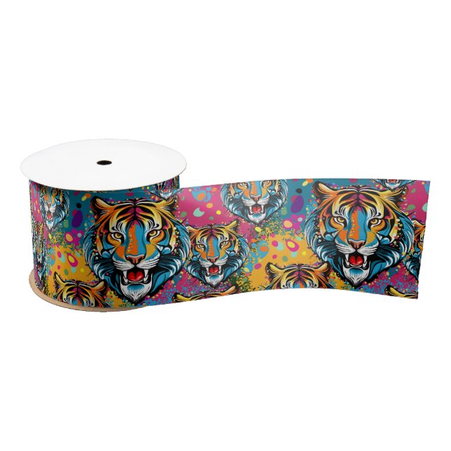 Tiger Head Rainbow colours paint stains Satin Ribbon (Spool)