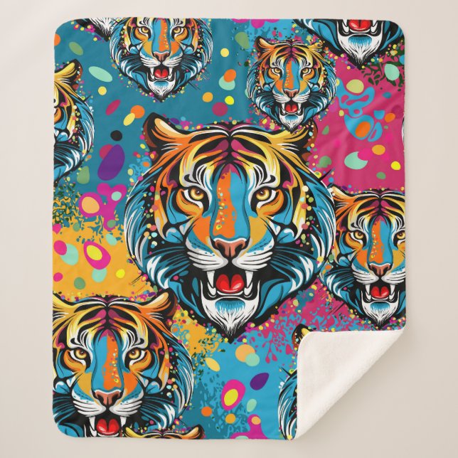 Tiger Head Rainbow colours paint stains Sherpa Blanket (Front)