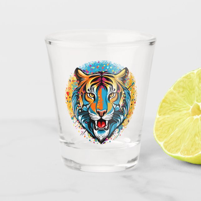Tiger Head Rainbow colours paint stains Shot Glass (Front)