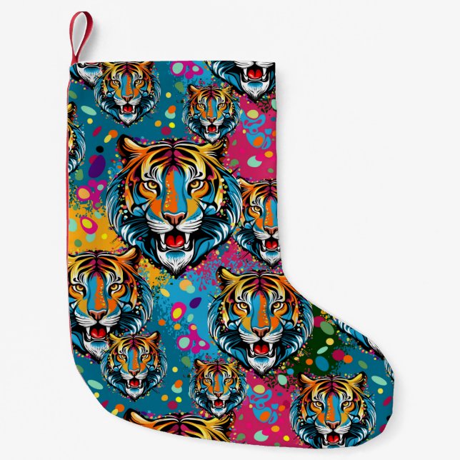 Tiger Head Rainbow colours paint stains Small Christmas Stocking (Front)