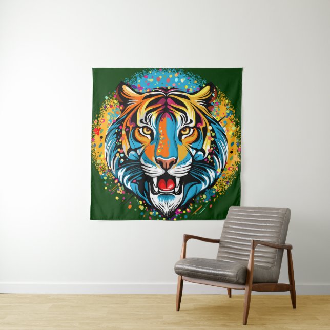 Tiger Head Rainbow colours paint stains Tapestry (In Situ)
