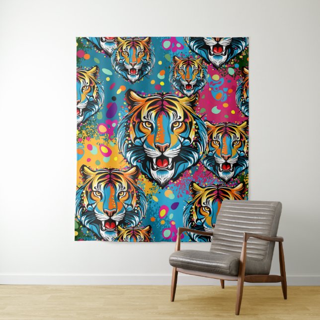 Tiger Head Rainbow colours paint stains Tapestry (In Situ)
