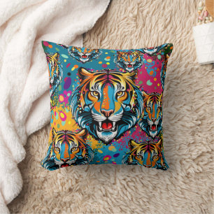 Tiger Head Rainbow colours paint stains Throw Pillow