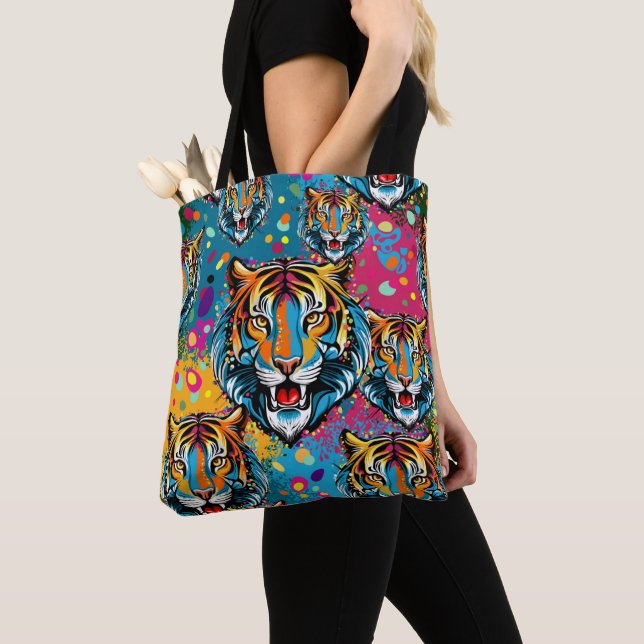 Tiger Head Rainbow colours paint stains Tote Bag (Close Up)