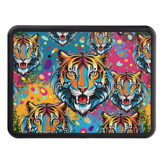 Tiger Head Rainbow colours paint stains Trailer Hitch Cover (Front)