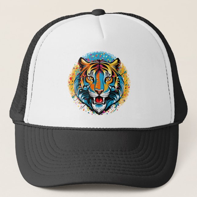 Tiger Head Rainbow colours paint stains Trucker Hat (Front)