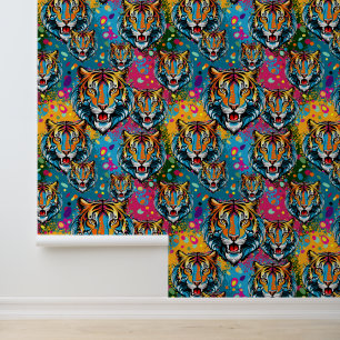 Tiger Head Rainbow colours paint stains Wallpaper