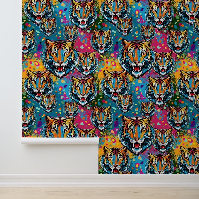 Tiger Head Rainbow colours paint stains Wallpaper (Application)
