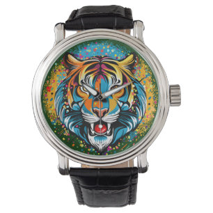 Tiger Head Rainbow colours paint stains Watch