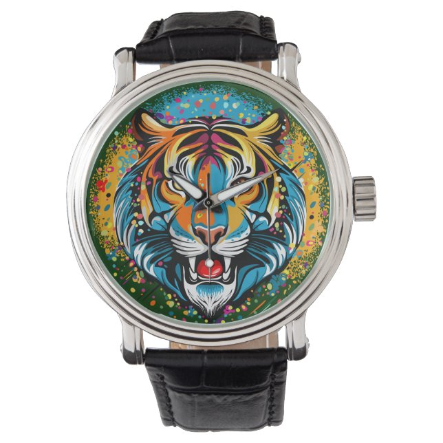 Tiger Head Rainbow colours paint stains Watch (Front)