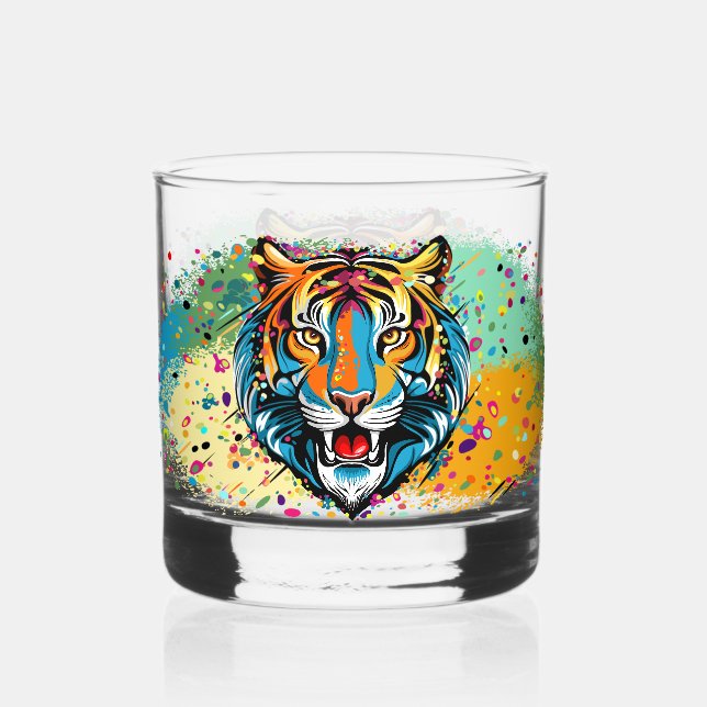 Tiger Head Rainbow colours paint stains Whiskey Glass (Front)