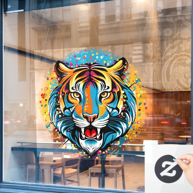 Tiger Head Rainbow colours paint stains Window Cling (Cafe Window)