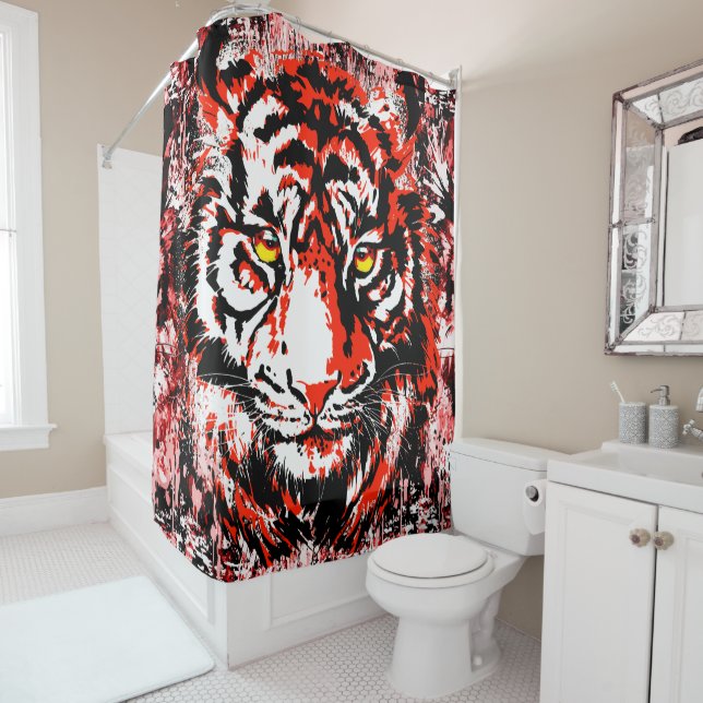 Tiger Head - Retro Red Tiger Shower Curtain (In Situ)