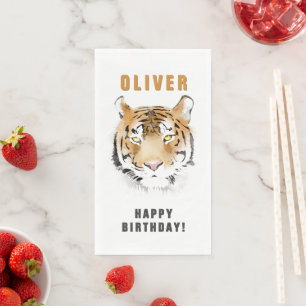 Tiger Head Watercolor Birthday Name Napkin