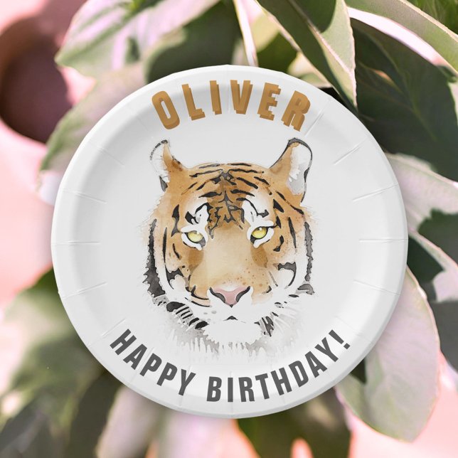 Tiger Head Watercolor Birthday Name Paper Plate (Creator Uploaded)