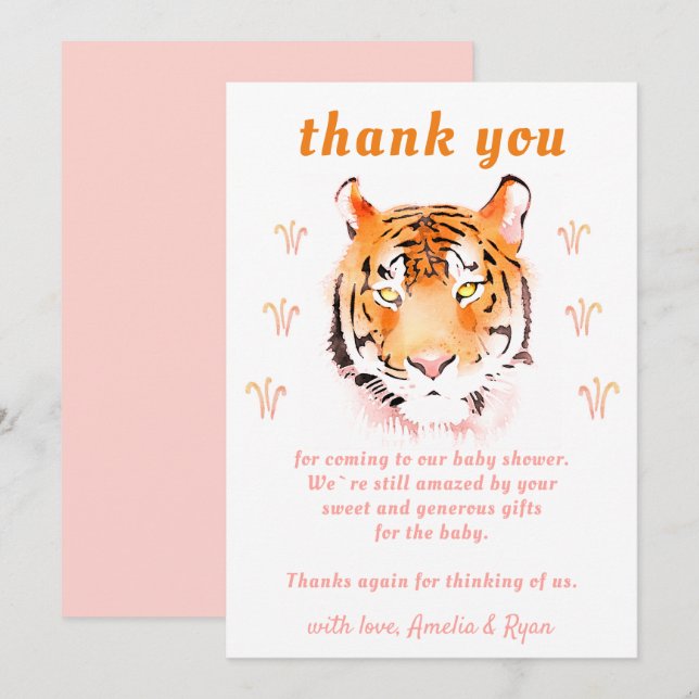 Tiger Head Watercolor Girl Baby Shower Thank You Card (Front/Back)