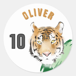 Tiger Head Watercolor Name Birthday Classic Round Sticker