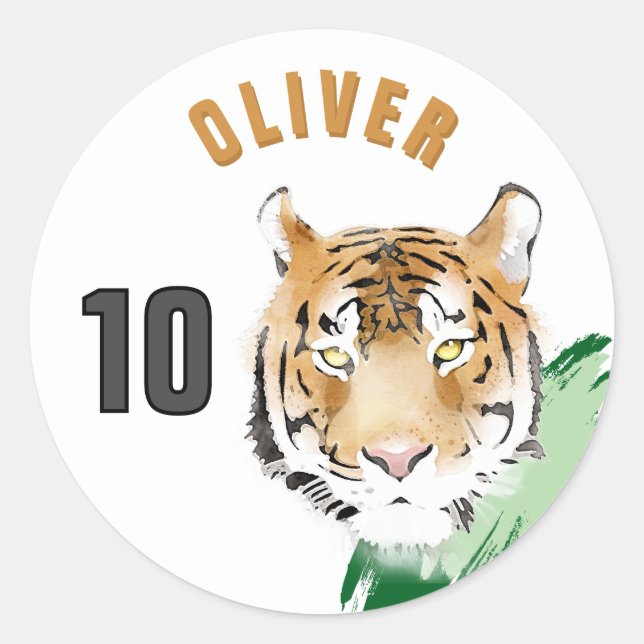 Tiger Head Watercolor Name Birthday Classic Round Sticker (Front)