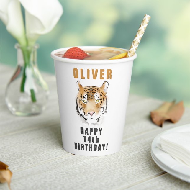 Tiger Head Watercolor Name Birthday Party Paper Cups (Insitu)