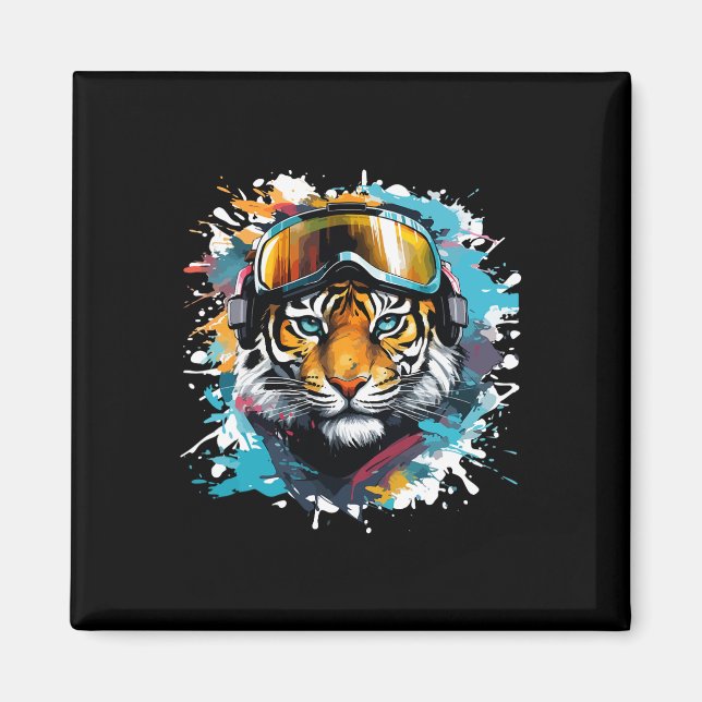 Tiger Head With Ski Goggles Skiing Snowboarding  Magnet (Front)