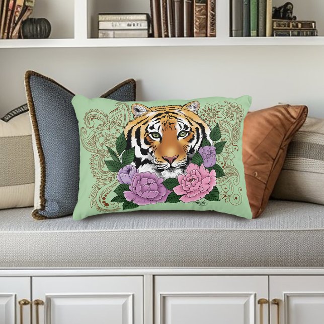 Tiger Henna Pink Purple Flowers Accent Pillow (Creator Uploaded)