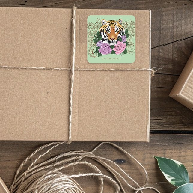 Tiger Henna Pink Purple Flowers Bookplate Square Sticker (Creator Uploaded)