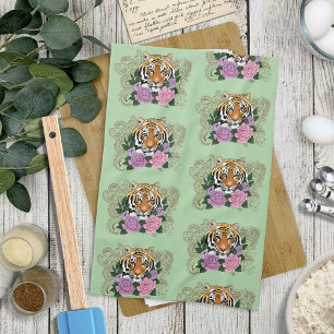Tiger Henna Pink Purple Flowers Kitchen Towel