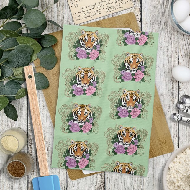 Tiger Henna Pink Purple Flowers Kitchen Towel (Creator Uploaded)