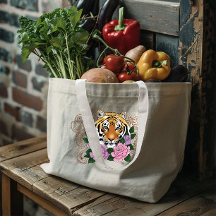 Tiger Henna Pink Purple Flowers Large Tote Bag