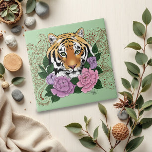 Tiger Henna Pink Purple Flowers Tile