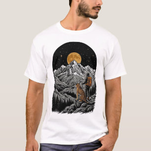 Tiger & Hiker Mountain Moon Vintage Engraving  T-Shirt