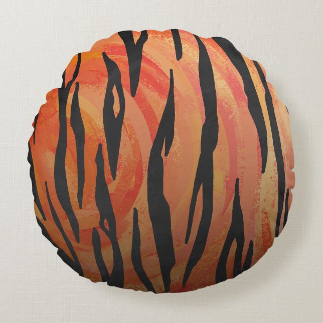 Tiger Hot orange and Black Print Round Pillow (Front)