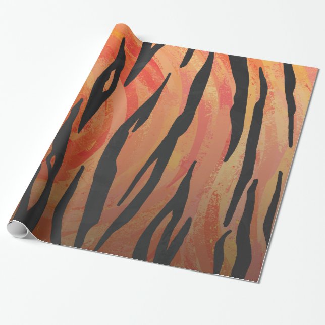 Tiger Hot orange and Black Print Wrapping Paper (Unrolled)