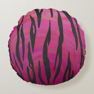 Tiger Hot Pink and Black Print Round Pillow