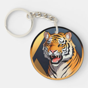 Tiger Illustration with Intense Expression Keychain