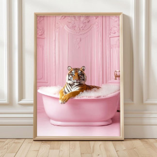 Tiger in a Bathtub Pink Print Bathroom Wall Art Fu