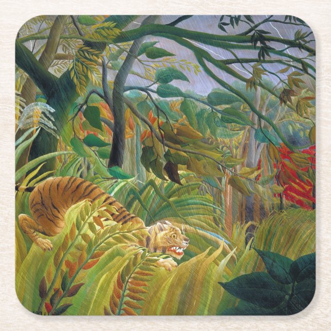 Tiger in a Tropical Storm, Rousseau Square Paper Coaster (Front)