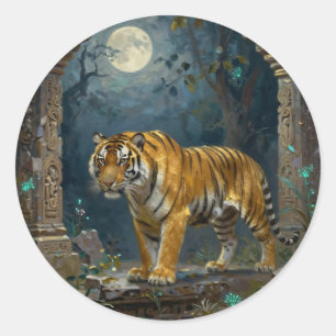 Tiger in Ancient Dunes under the Full Moon Classic Round Sticker