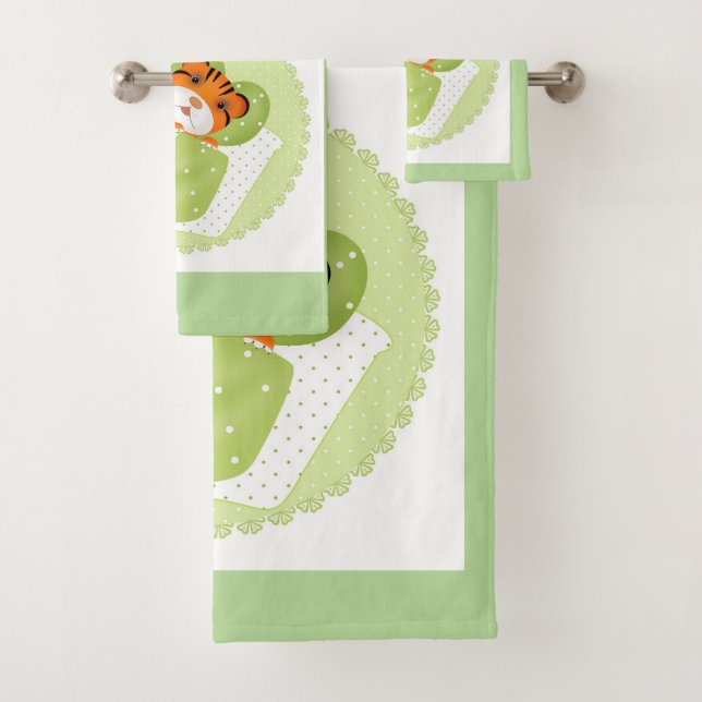 Tiger in bed illustration kids childish print bath towel set (Insitu)
