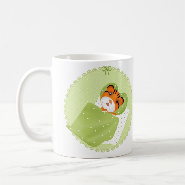Tiger in bed illustration kids childish print coffee mug (Left)