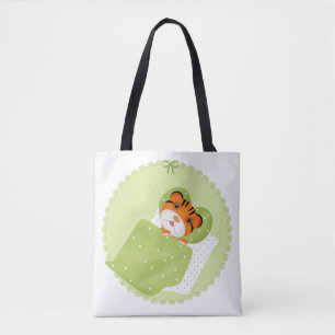 Tiger in bed illustration kids childish print tote bag